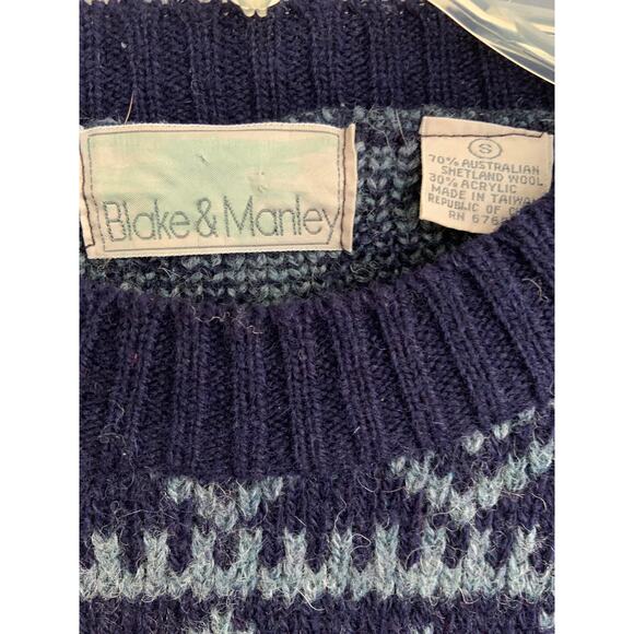 Vintage Blake & Manley Fair Isle Ski Sweater Blue Wool Blend Knit Pullover Sz S - Picture 3 of 3